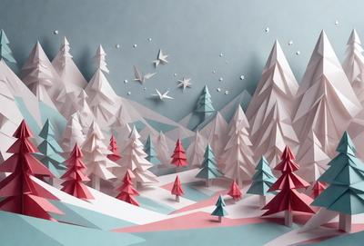 The primary subject of the image is a snowy landscape with a forest of trees. The setting is a wintery environment with snow-covered trees and a blue sky. The visual style is a combination of digital art and illustration, creating a realistic and visually appealing scene. The colors and mood of the image are predominantly cold and serene, with the blue sky and snowy trees evoking a sense of tranquility and beauty.